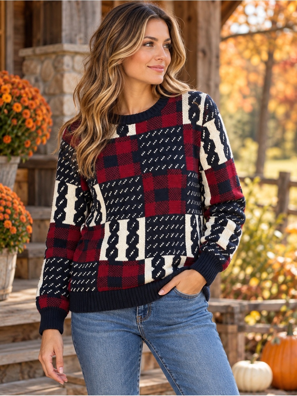 L.L.Bean Organic Cotton Patchwork Fair Isle Plaid Sweater Size Small